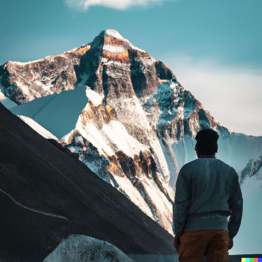 someone gazing at Mount Everest, photograph, taken from a low angle